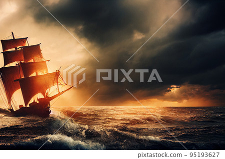 Pirate ship in storm with torn sails. 95193627