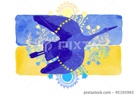 Flying stork on Ukraine flag bg. Peace symbol, no war concept. Vector on white background Flying stork on Ukraine flag bg. Peace symbol, no war concept. Vector on white background 95193993