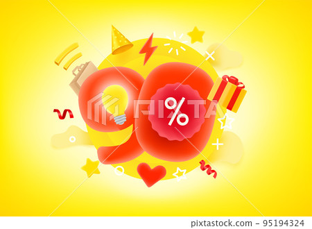 Ninety percent shopping discount concept. 3d style cute vector illustration Ninety percent shopping discount concept. 3d style cute vector illustration 95194324