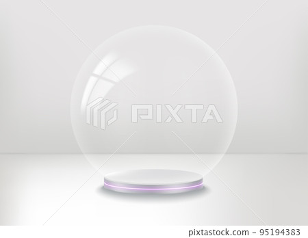 Empty white showcase with transparent glass sphere. 3d vector presentation mockup 95194383