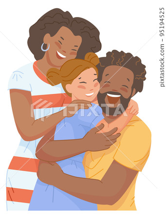 Black parents hugging caucasian girl. Family with adopted child 95194525