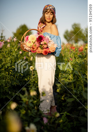 Woman with flowers on dahlia farm outdoors Woman with flowers on dahlia farm outdoors 95194569