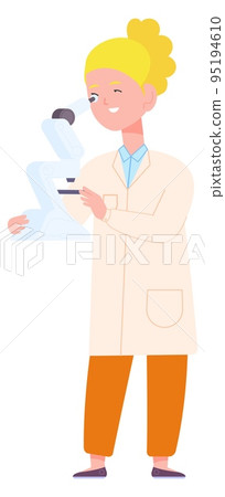 Woman look into microscope. Cute cartoon scientist character 95194610