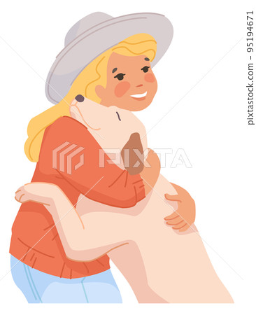 Kid with loving pet. Dog hugging with girl. Best friends Kid with loving pet. Dog hugging with girl. Best friends 95194671