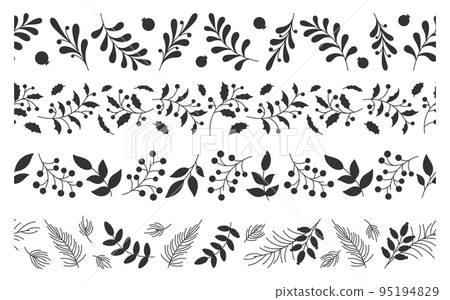Christmas floral seamless border silhouette set. New year print pattern frame decor sticker stencil infinite holiday decorative ribbon scotch tape leaf berry branch evergreen plant winter ornament 95194829