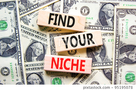 Find your niche symbol. Concept words Find your niche on wooden blocks. Dollar bills. Beautiful background from dollar bills. Business and find your niche concept. Copy space. 95195078