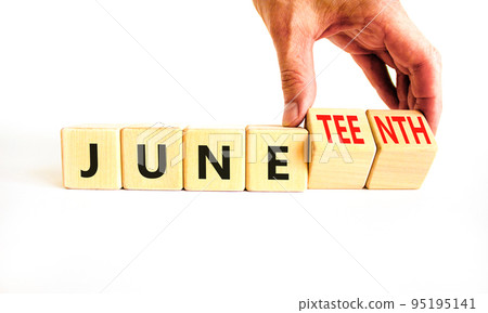 Juneteenth in June symbol. Concept words Juneteenth and June on wooden cubes. Beautiful white table white background. Businessman hand. Business Juneteenth in June concept. Copy space. Juneteenth in June symbol. Concept words Juneteenth and June on wooden cubes. Beautiful white table white background. Businessman hand. Business Juneteenth in June concept. Copy space. 95195141