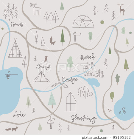 Glamping map seamless pattern. Forest landscape, signposts, animals, tents, houses for web, branding simple vector line illustrations. Outdoor weekend, hiking, camping, holiday in the forest concept. 95195192