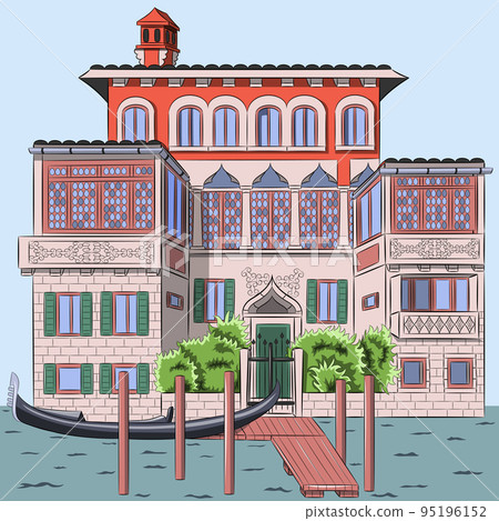 Gondola near a beautiful house on the canal in Venice. Gondola near a beautiful house on the canal in Venice. 95196152