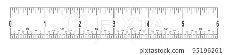 6 inches ruler scale with fractions. Math or geometric tool for distance, height or length measurement with markup and numbers 95196261