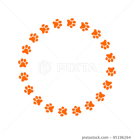 Round frame with dog or cat paw prints. Cute template for pet photo, greeting or invitation card, picture, banner isolated on white background Round frame with dog or cat paw prints. Cute template for pet photo, greeting or invitation card, picture, banner isolated on white background 95196264