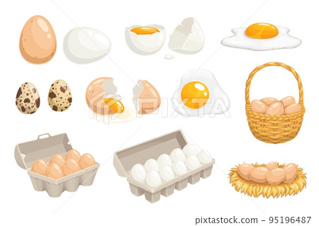 Cartoon eggs in basket, tray, nest and box, chicken and quail eggs, vector. Eggs in hen nest and wicker basket or in carton box, boiled and fried omelette, poultry farm food products 95196487