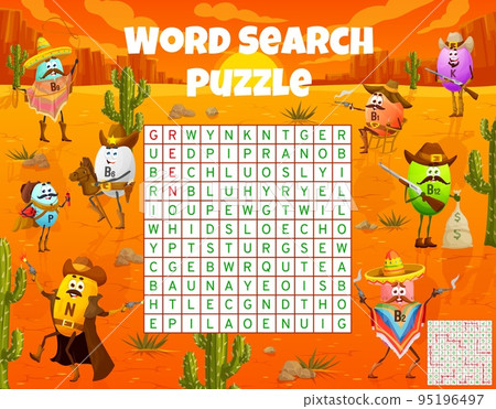 Wild West cartoon vitamin cowboy, sheriff, ranger and bandit characters. Western word search puzzle game vector worksheet of cute vitamin and mineral pill personages on background of desert, cactuses Wild West cartoon vitamin cowboy, sheriff, ranger and bandit characters. Western word search puzzle game vector worksheet of cute vitamin and mineral pill personages on background of desert, cactuses 95196497