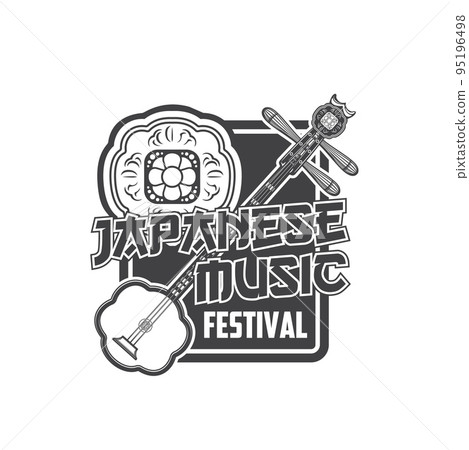 Japanese music festival icon with vector shamisen. Traditional japanese musical instrument with three strings and asian floral ornament on ebio isolated symbol of oriental music concert or ethnic fest Japanese music festival icon with vector shamisen. Traditional japanese musical instrument with three strings and asian floral ornament on ebio isolated symbol of oriental music concert or ethnic fest 95196498