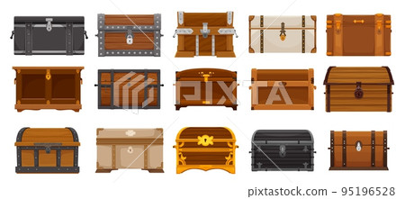 Cartoon chest boxes, wooden treasure trunks isolated set. Ancient royal or pirate coffers ui game vector asset with loot, gem stones, golden coins and treasury. Decorated cases made of wood and metal 95196528