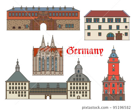 Germany buildings of Gotha and Muhlhausen, vector architecture and German landmarks. Thuringia buildings Petersberg Citadel fortress and Friedenstein Palace, Divi Blasii church and Rathaus city hall 95196582