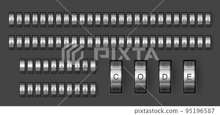 Combination code lock font, padlock type and typeface, vector alphabet letters. Safe box combination code lock font of chrome steel dials, ABC type with metal padlock digit numbers and symbols 95196587
