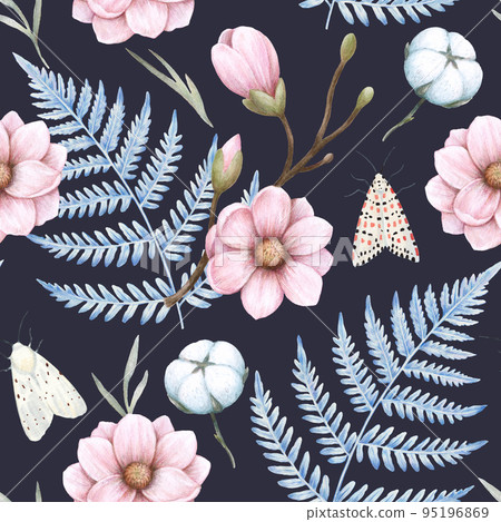 Watercolor Magnolia and Cotton seamless pattern. Hand drawn detailed realistic vintage illustration.  95196869