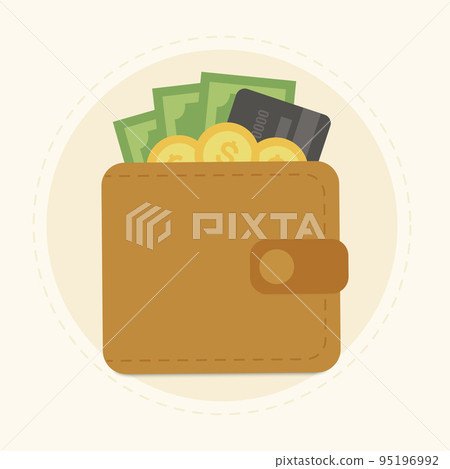 Brown wallet with green paper money, golden coins money and credit card. Cash and credit card stick out of the wallet. Online payment concept. Vector Brown wallet with green paper money, golden coins money and credit card. Cash and credit card stick out of the wallet. Online payment concept. Vector 95196992