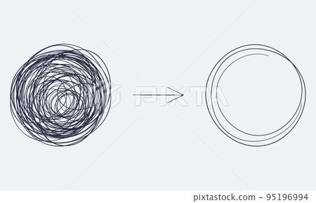 Chaotically tangled line and untied knot in form of circle. Psychotherapy concept of solving problems is easy. Unravels chaos and mess difficult situation. Vector illustration 95196994