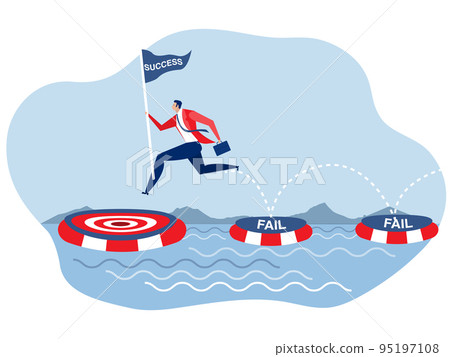 Goal to success ,businessman holding success flag with jumping on many time of failures floating on water and finally reach success goal concept flat illustrator vector Goal to success ,businessman holding success flag with jumping on many time of failures floating on water and finally reach success goal concept flat illustrator vector 95197108