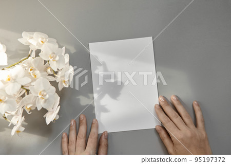 Hands are holding an empty white A5  95197372