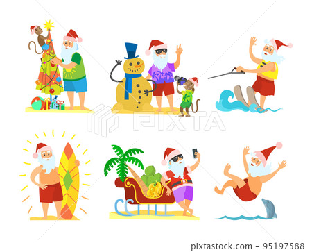 Santa Claus and Monkey Decorating Umbrella Snowman Santa Claus and Monkey Decorating Umbrella Snowman 95197588