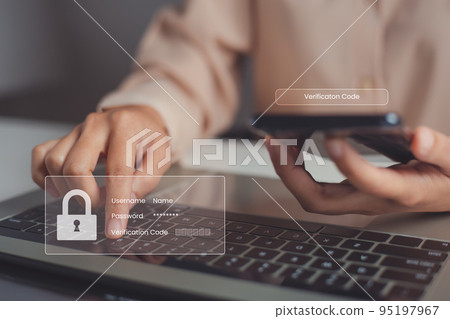 Female hand enters one-time password received on mobile phone for authentication process to login to web page, mobile OTP security authentication method, 2-step authentication web page. Female hand enters one-time password received on mobile phone for authentication process to login to web page, mobile OTP security authentication method, 2-step authentication web page. 95197967