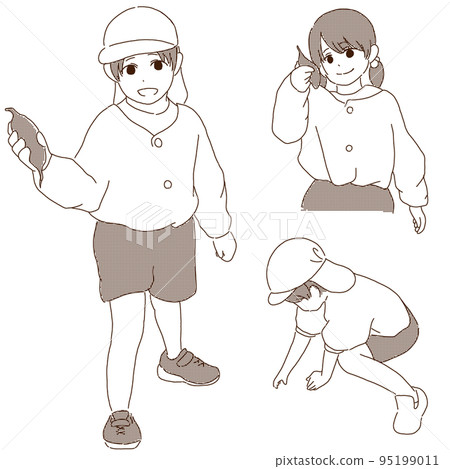 Illustration set of kindergarteners digging potatoes (monochrome) 95199011