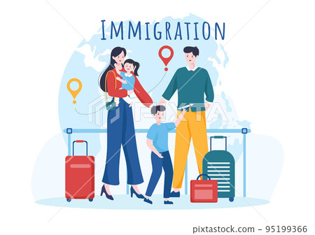 Immigration Template Hand Drawn Cartoon Flat Illustration of Document with Visa and Passport for Moving to Another Country 95199366