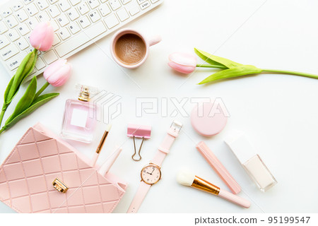 Stay beauty. Makeup beauty cosmetic fashion in office. Cosmetics woman working on laptop with bag product  95199547