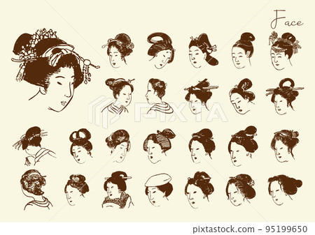 Illustrations of people's faces in the Edo period Oiran's hairstyle Women's hairstyle set 95199650