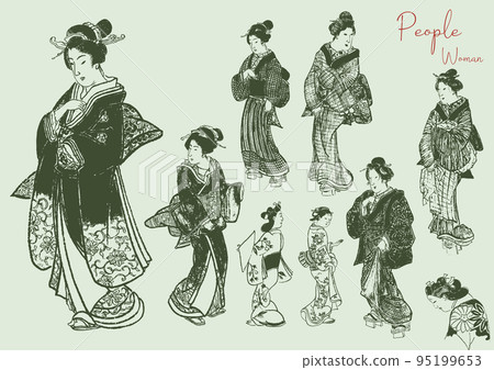 花魁的手寫風格黑白線條畫插圖 花魁的手寫風格黑白線條畫插圖 95199653