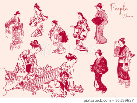 A black and white line drawing illustration of a woman wearing a kimono from the Edo period. 95199657