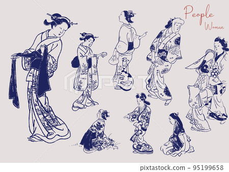 A black and white line drawing illustration of a woman wearing a kimono from the Edo period. A black and white line drawing illustration of a woman wearing a kimono from the Edo period. 95199658