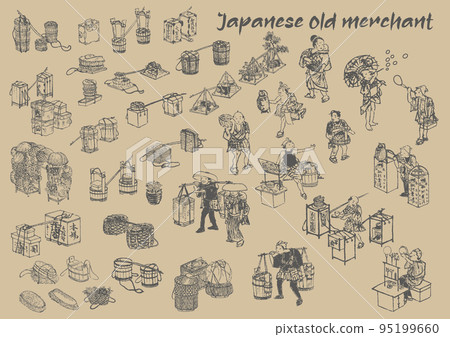 Black and white line drawing illustrations of Edo period merchants, business tools, and food Japanese samurai samurai townspeople farmers 95199660
