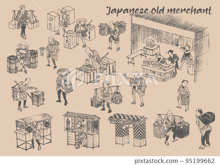 Black and white line drawing illustrations of Edo period merchants, business tools, and food Japanese samurai samurai townspeople farmers 95199662