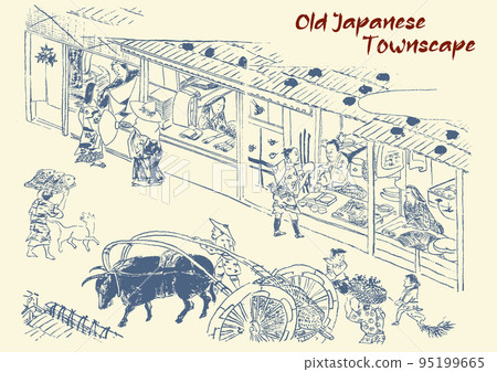 Black and white line drawing illustrations of Edo period merchants, business tools, and food Japanese samurai samurai townspeople farmers 95199665