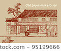 Edo period townscape black and white line drawing illustration 95199666