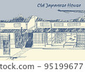 Edo period townscape black and white line drawing illustration 95199677