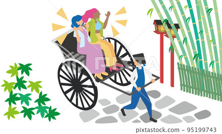 Foreign tourists enjoying rickshaws in the bamboo forest (summer) 95199743