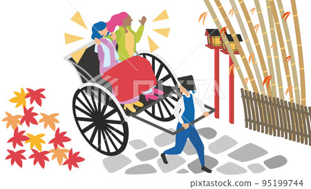 Foreign tourists enjoying rickshaws in the bamboo forest (autumn) 95199744