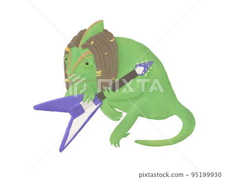 Chameleon with dreadlocks and guitar. Cartoon hand-drawn illustration 95199930
