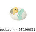 Little chicken in cracked egg. Cartoon hand-drawn illustration 95199931