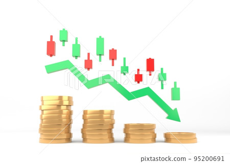 Stacks of gold coins and green falling arrow stock market related material illustration Stacks of gold coins and green falling arrow stock market related material illustration 95200691