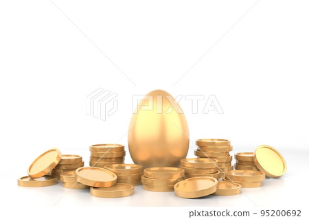 Stacks of gold coins and golden eggs Stacks of gold coins and golden eggs 95200692