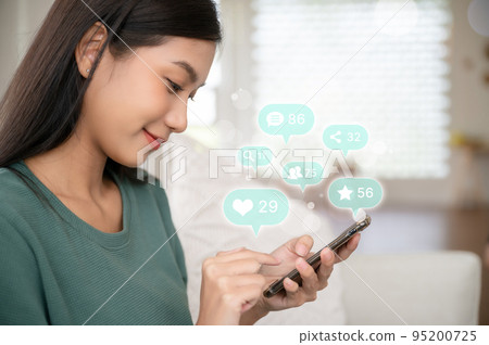 Woman hand using mobile smartphone with icon social media and social network 95200725