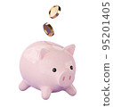 3d pink ceramic Piggy bank with falling gold coin money. Business, saving, money, banking, finance investment and services concept. Profit and growth design idea. Realistic 3d high quality render 95201405