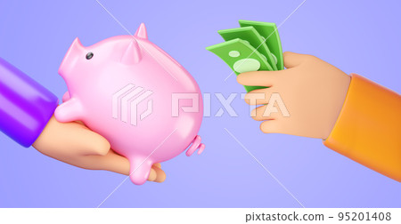 3d human hand holding Piggy bank and hand putting money into it. Business, saving, money, banking, finance investment and services concept. Profit and growth idea. Realistic 3d high quality render 95201408