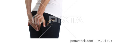 Woman holds hands on anus with stomach problems Woman holds hands on anus with stomach problems 95201493